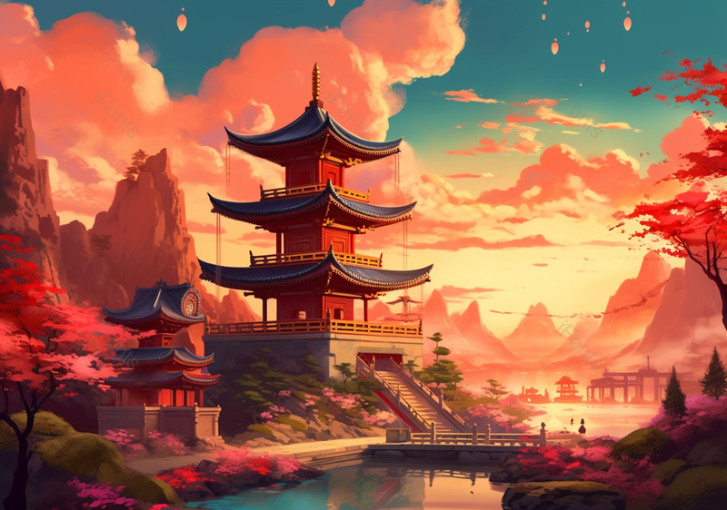 古建筑云山国潮风唯美插画背景,插画/手绘图,插画/手绘图库,插画/手绘图下载,插画/手绘